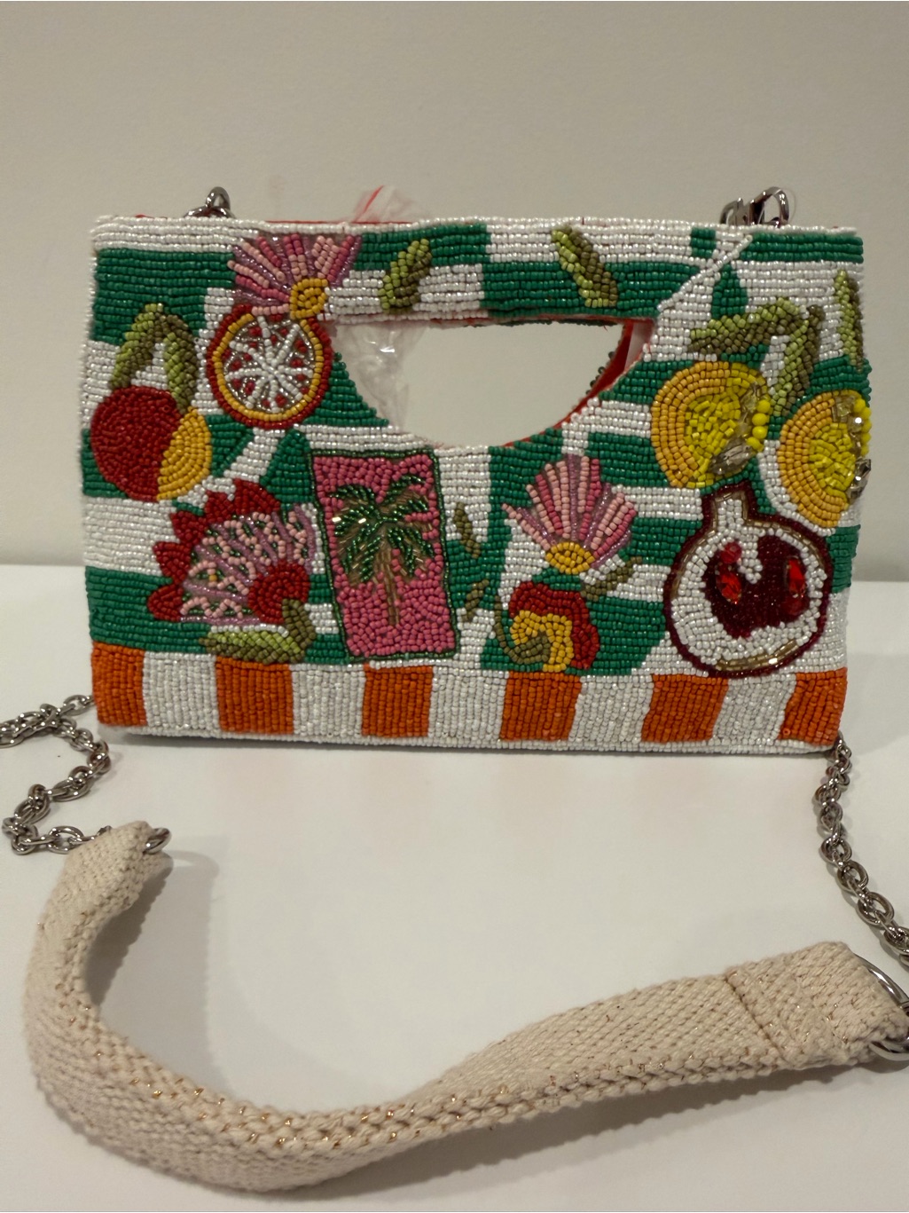 Beaded Tropical Motif Wristlet Clutch - White Green Orange